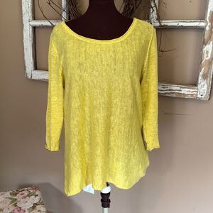 Eileen Fisher yellow linen three quarter sleeve blouse top large scoop neck mini